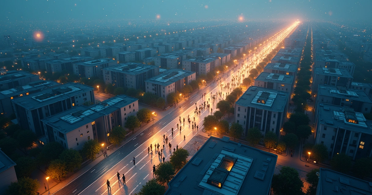 Group of people walking in a city shaped like a human brain 