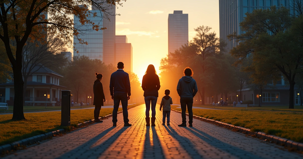 Adult at a life crossroads with family shadows behind 