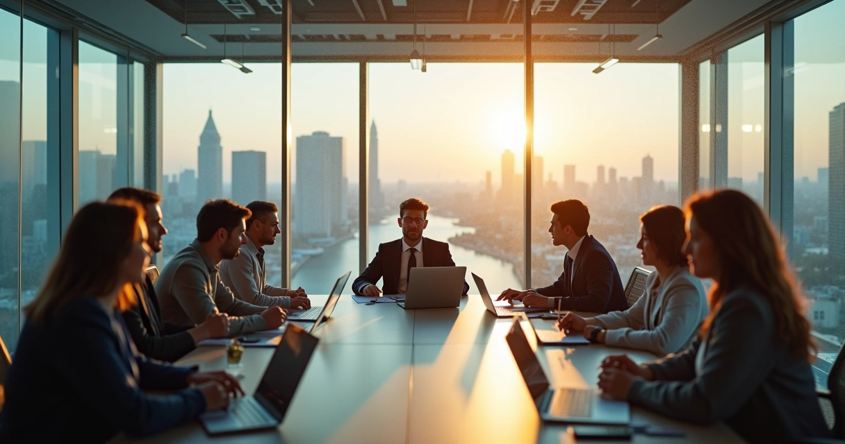 Business team in meeting room connected by subtle overlapping light patterns 
