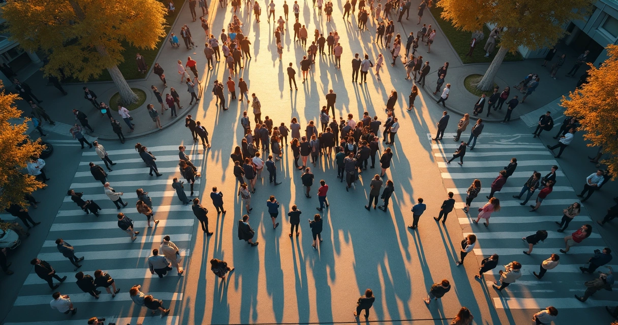 People walking in different directions on a crossroads, viewed from above 