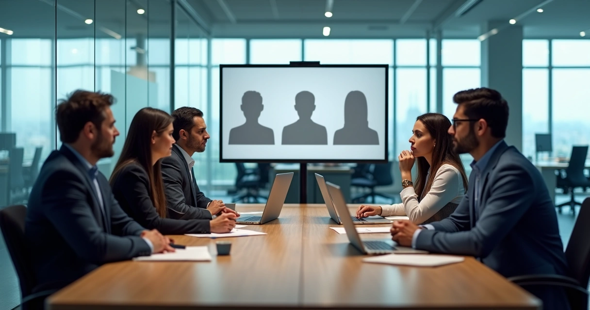 Corporate hiring panel with subtle emotional tension around one candidate 