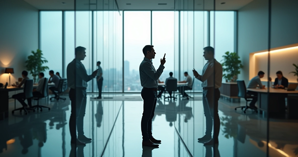 Leader reflected in glass wall showing two contrasting leadership styles 