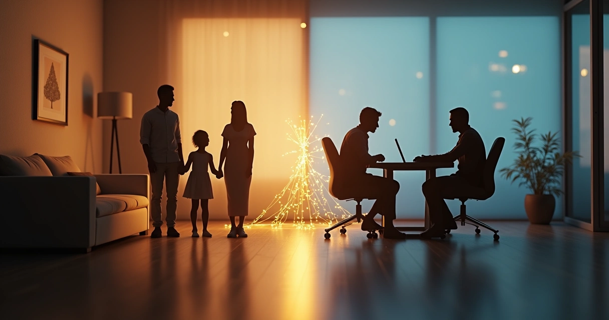 Silhouettes of a family and colleagues connected by invisible strings 