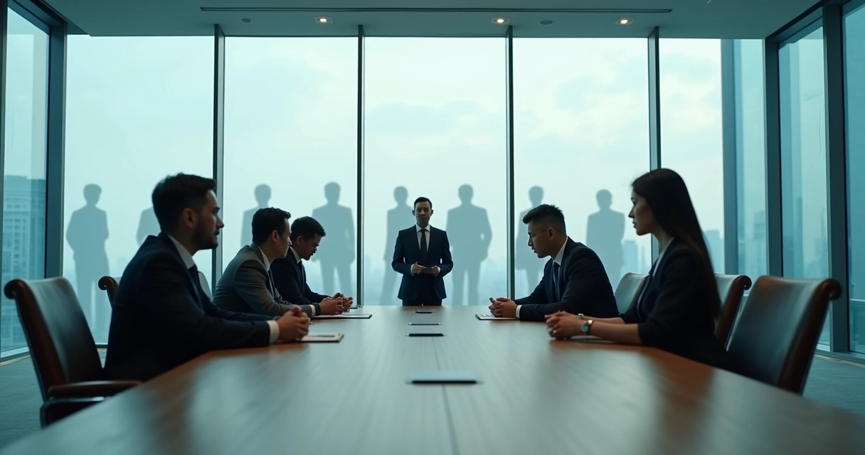 Executives in a glass office with one person standing apart symbolizing unconscious loyalty shaping culture 
