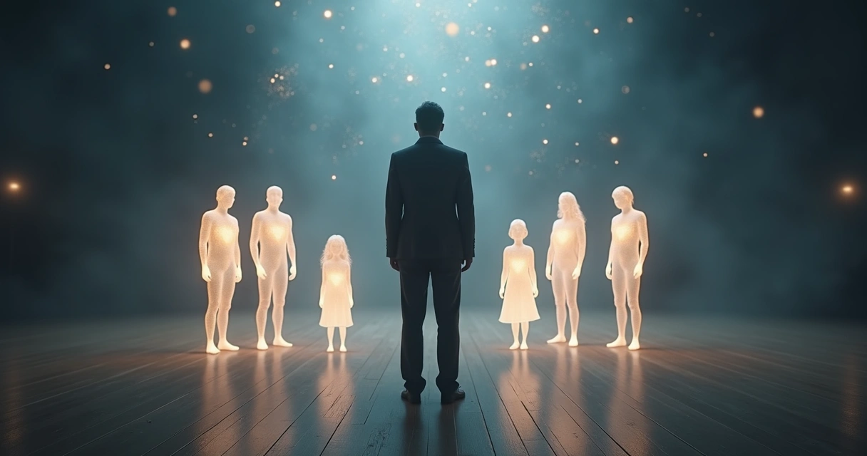Person standing in front of glowing family silhouettes connected by light threads 