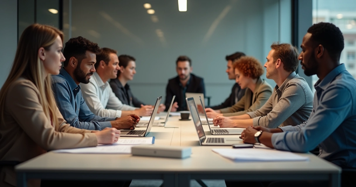 Team sitting around a conference table, some members making eye contact while others avoid looking at each other, subtle tension visible in body language