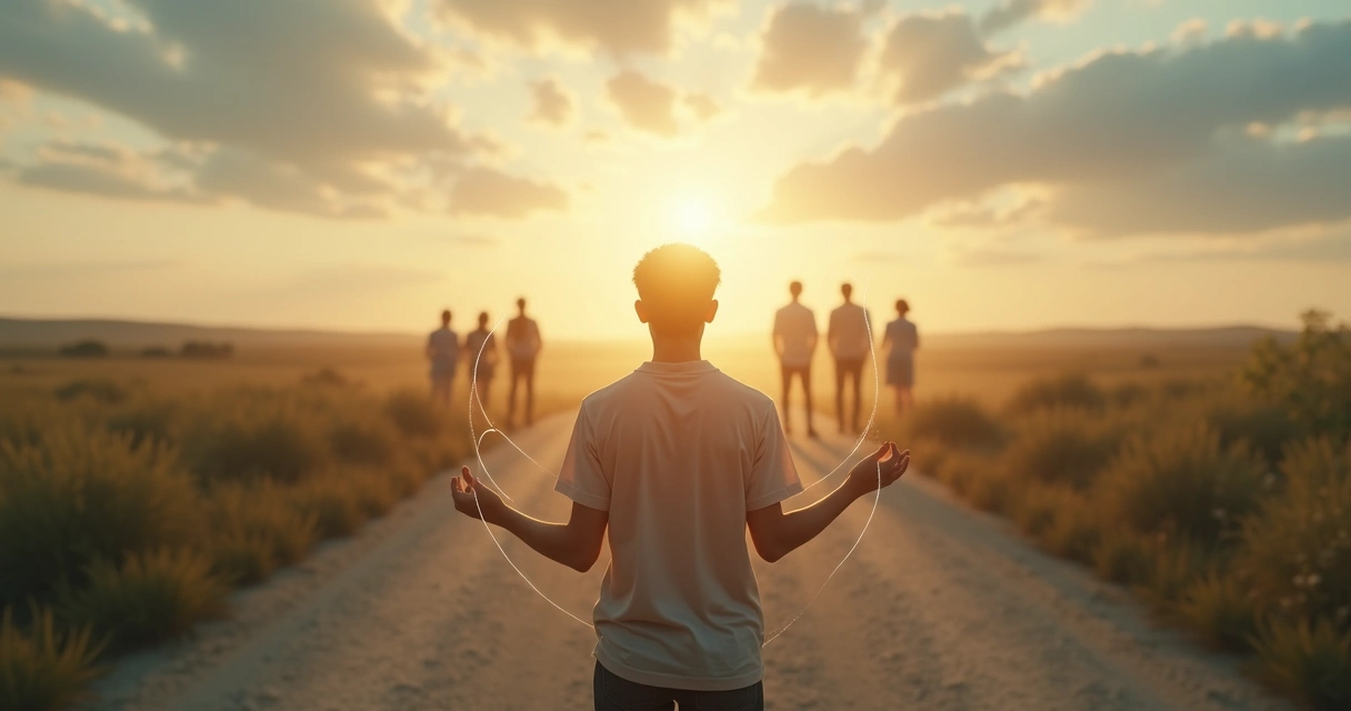 Person standing between two paths holding invisible strings tied to family silhouettes 