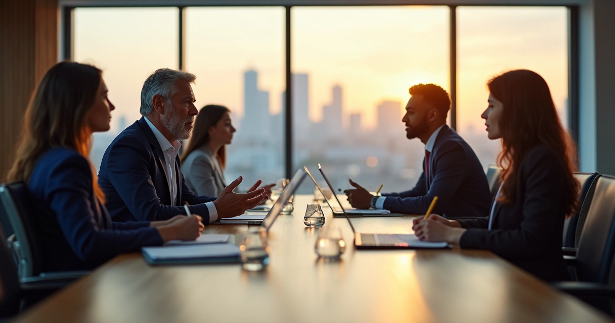 Office team in meeting room with one employee subtly mirroring their manager 