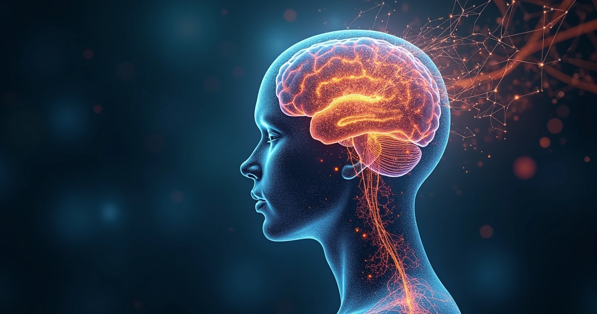 Abstract visualization of a human head with hidden layers and neural patterns blending into the background. 