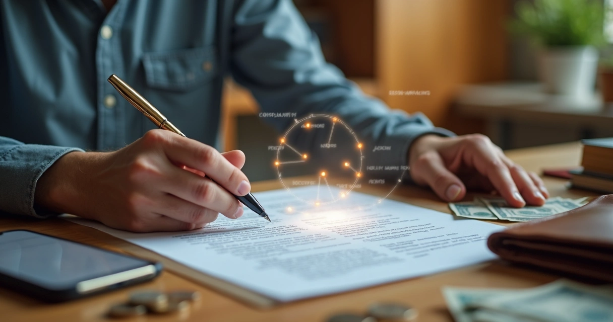 Person signing glowing invisible contract over pile of coins 