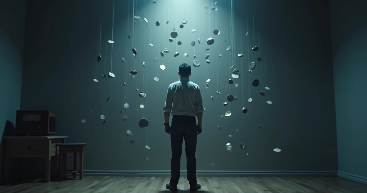 Silhouetted person examining glowing threads attached to falling coins 