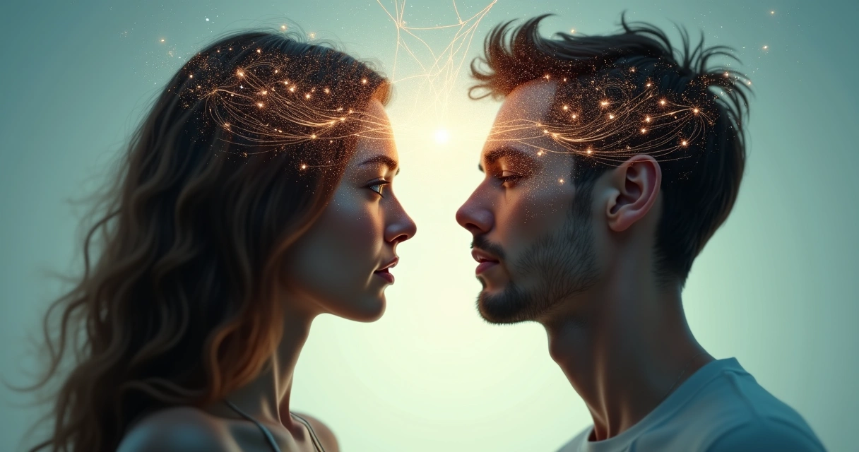 Close-up of two people facing each other, with thought patterns symbolically drawn as gentle lines above their heads, showing connections and contrasts. 