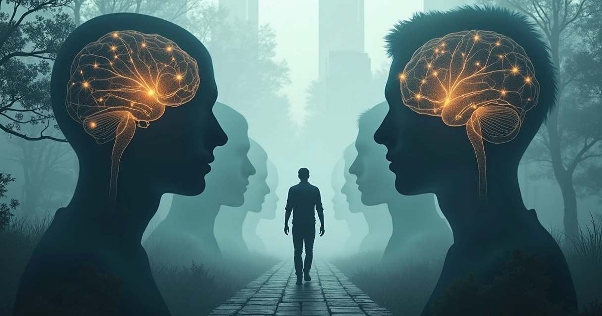 Person walking through layered silhouettes and neural patterns representing unconscious mind 