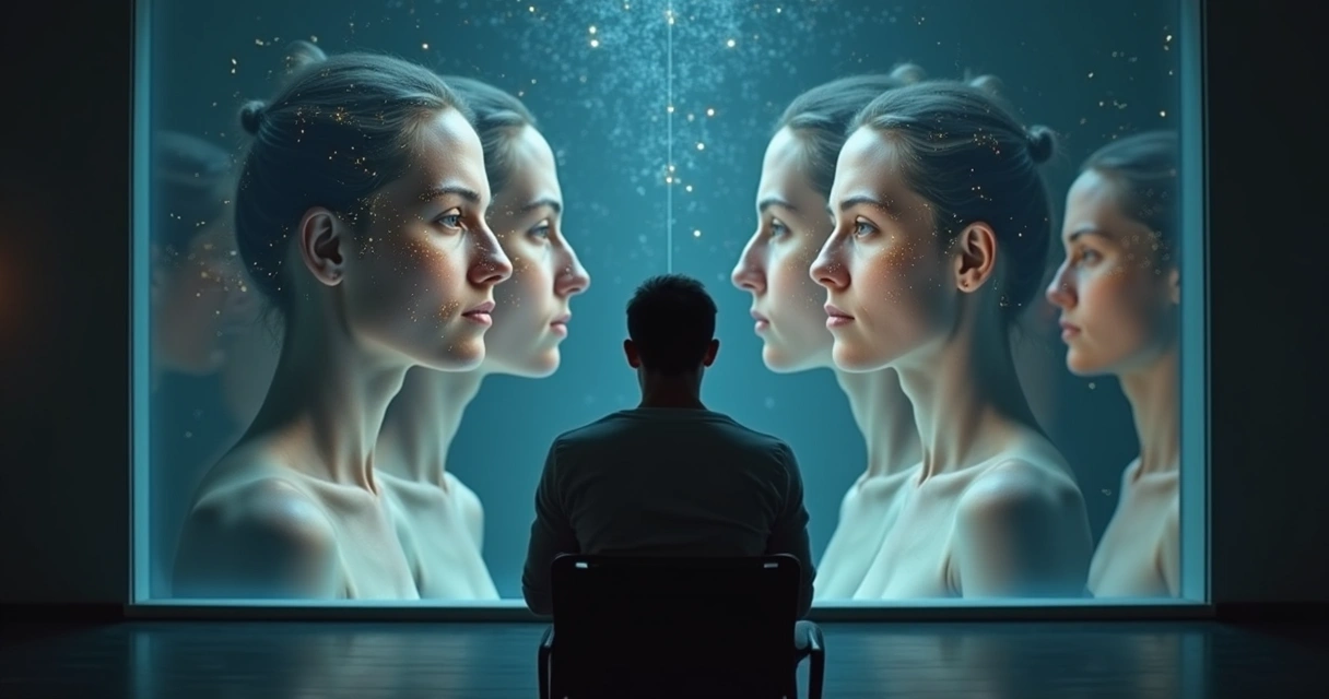 Person observing layered reflections of their own face in a dark room 