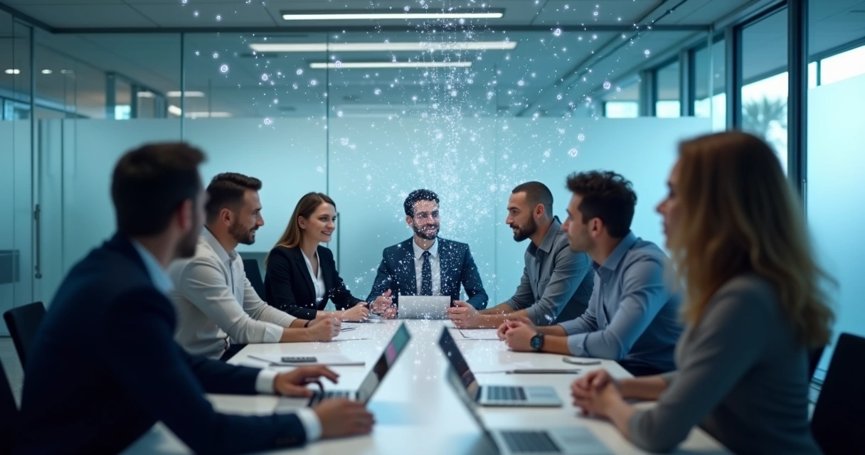 Colleagues caught in invisible thread web symbolizing unconscious patterns 