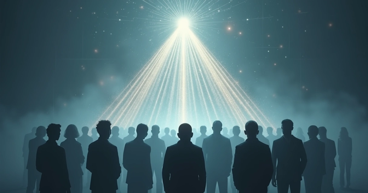 Silhouettes connected by glowing lines forming a hidden pyramid of power 