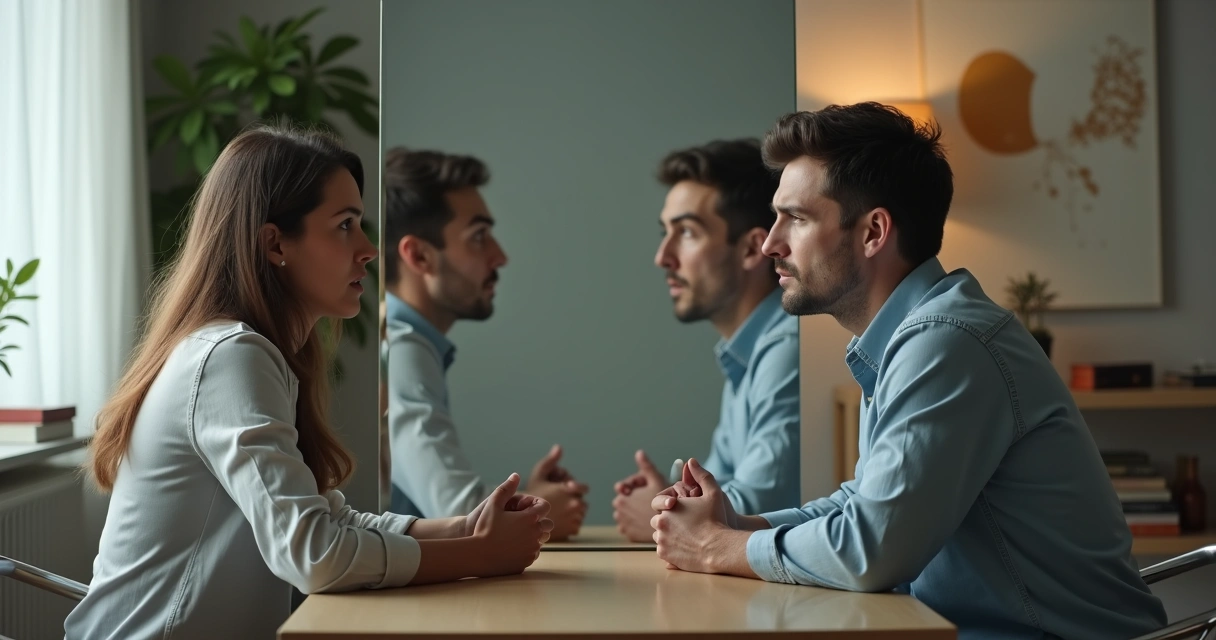 Couple facing each other with overlapping mirror reflections 