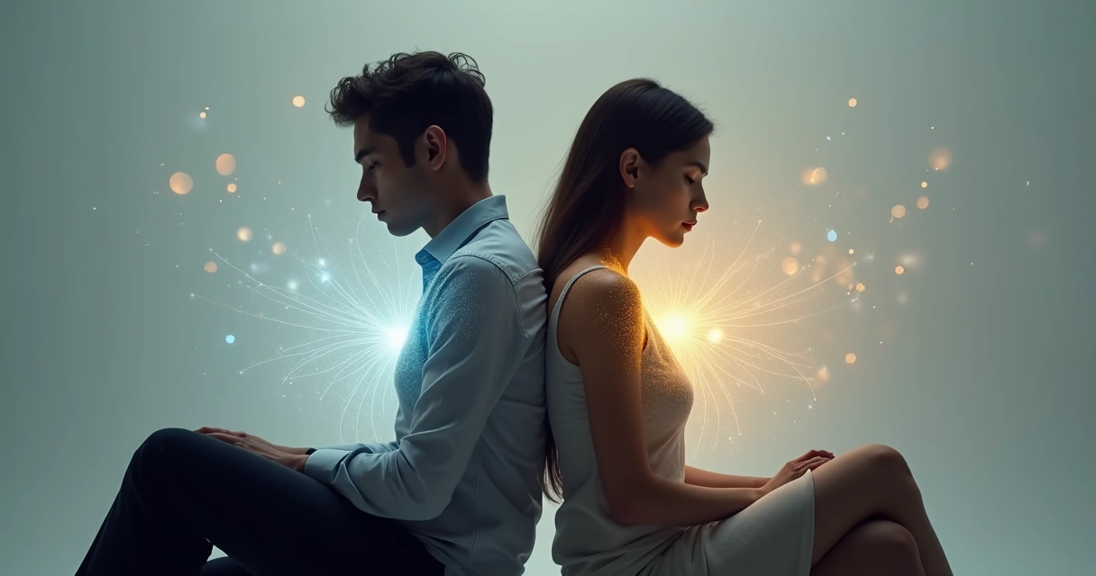 Two people connected by invisible threads between their hearts and minds 