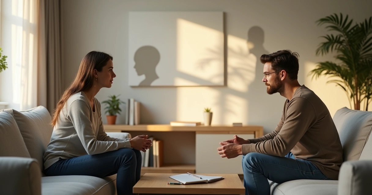 Couple facing each other with shadow figures behind them symbolizing unconscious patterns 