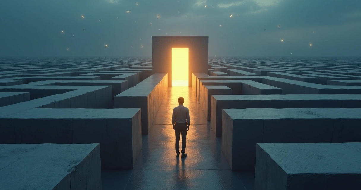 Person atop maze casting long shadow toward open doorway of light 