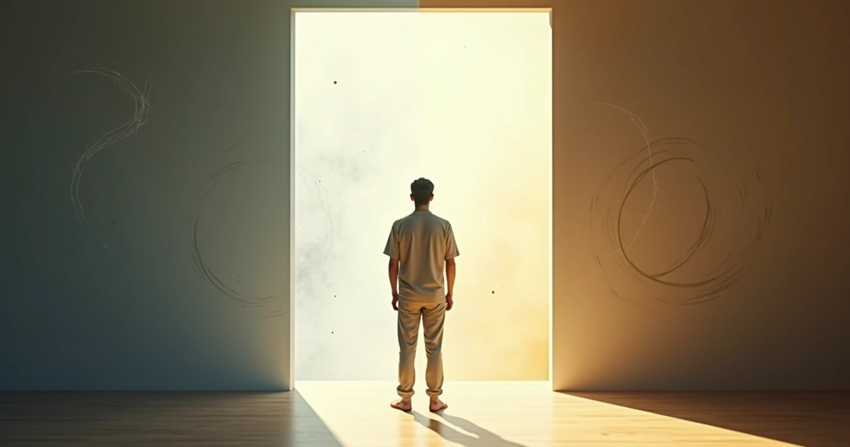 Person standing between light and shadow symbolizing inner resistance and change 