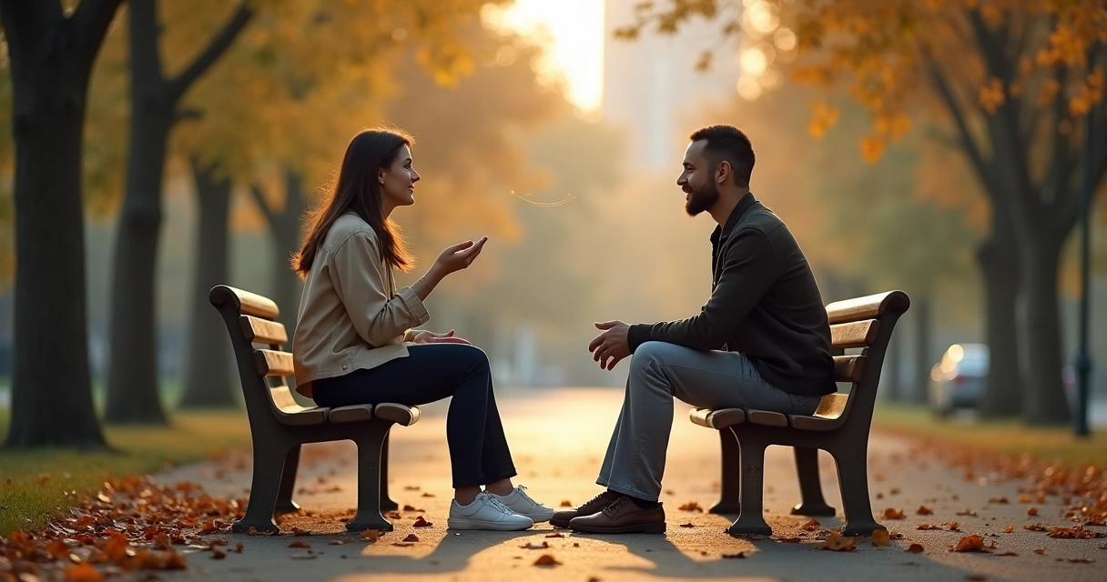 Two people sitting on a park bench with subtle mirrored body language 