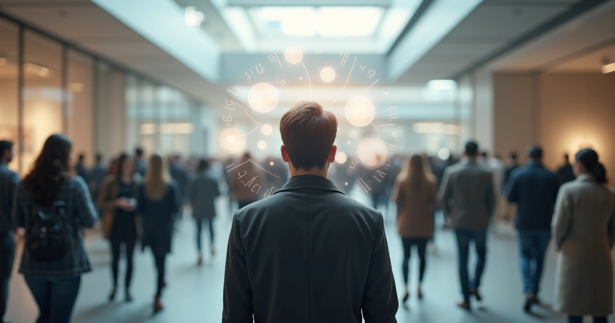 Silhouetted person surrounded by overlapping speech bubbles and network lines 