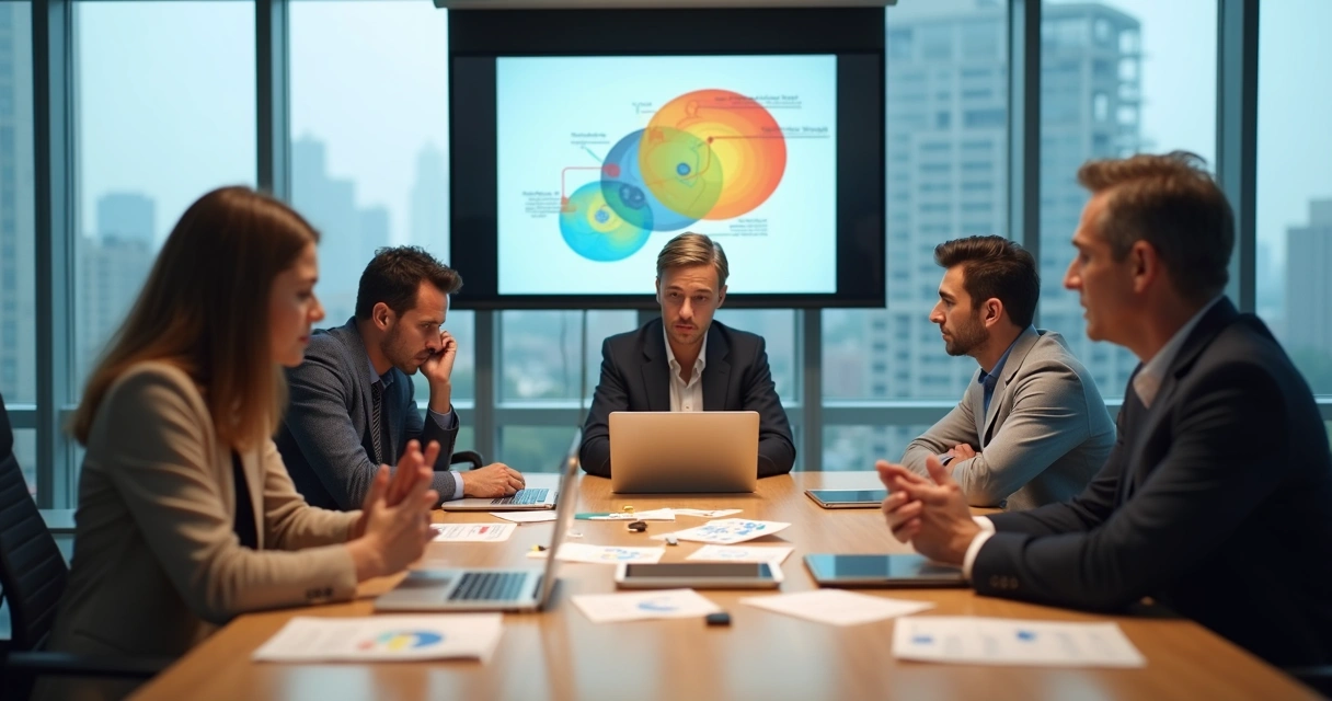 Business team at table showing visible tension and disconnection 