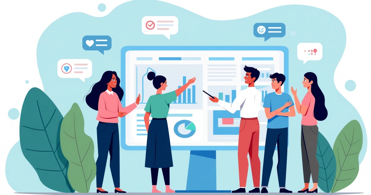 Diverse group engaging around a digital screen displaying audience insights and feedback.