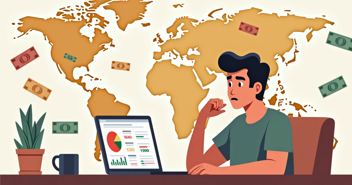Person analyzing hidden fees on a laptop surrounded by currencies and a world map, emphasizing international payments.