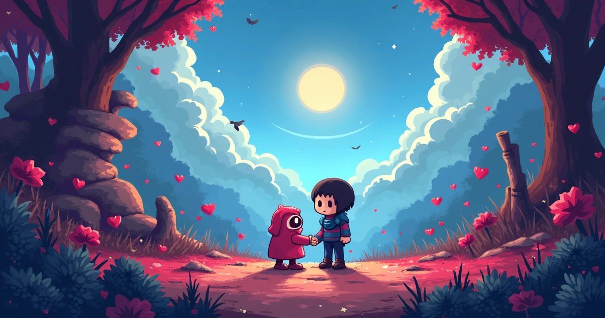 Ilustração vibrante de Undertale com personagens amistosos e elementos nostálgicos de jogos dos anos 90.