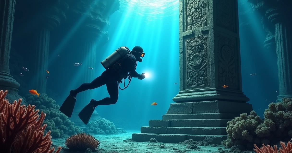 Underwater explorer in realistic ocean ruins with sea creatures nearby 