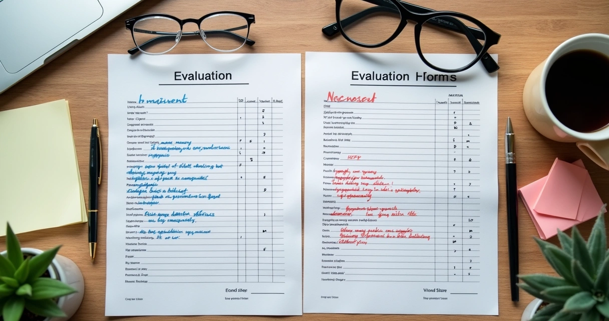 Two similar evaluation forms marked differently on a desk 