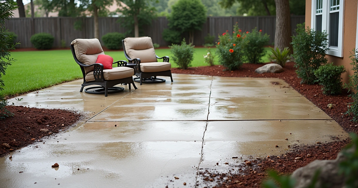 Uneven patio surface with sunken section and furniture wobbly