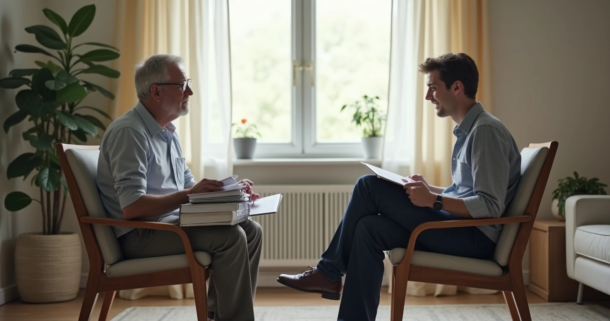 Two chairs with one person carrying files and one sitting back