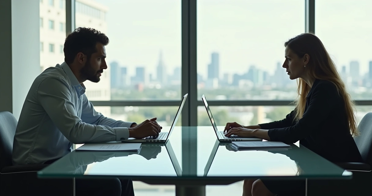 Two people in an office, sitting across from each other at a table, both looking down at papers, tension visible in their posture, neutral tones, bright window in the background 