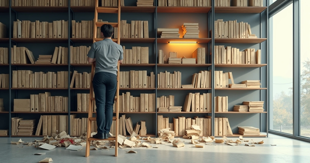 Professional climbing bookshelf ladder toward incomplete glowing files 
