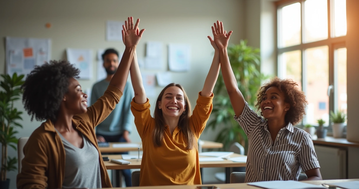 Pessoas diversas celebrando sucesso coletivo com as mãos erguidas 