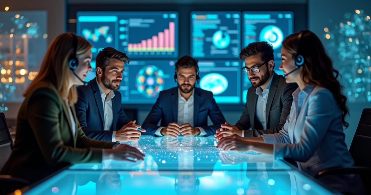 Equipes de atendimento, tecnologia e parceiros colaborando em um ambiente digital com gráficos conectando dados 