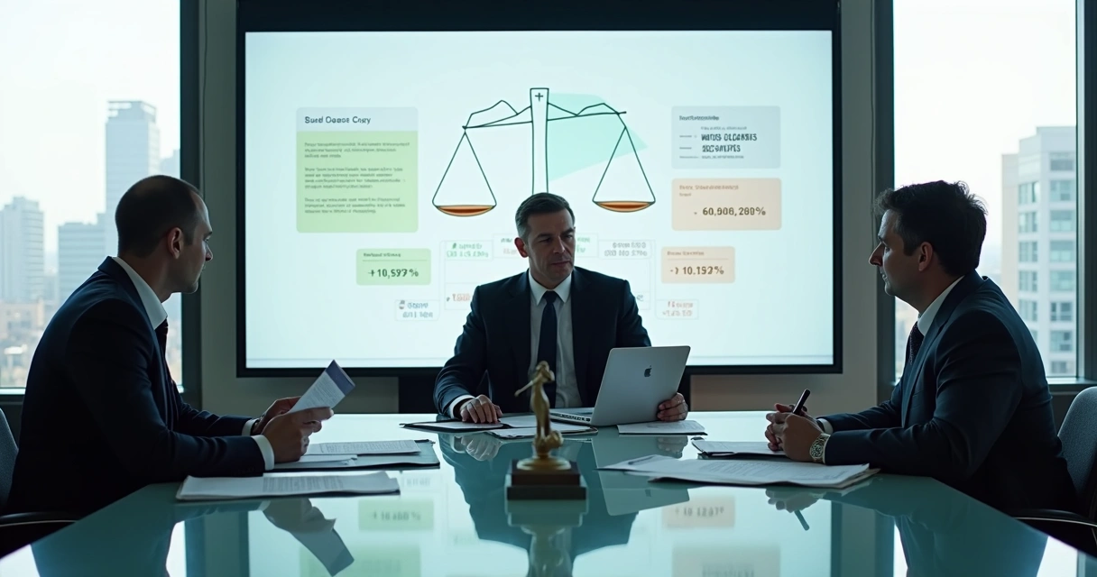 Ex-companheiros e advogado discutindo partilha de empresa em reunião formal 