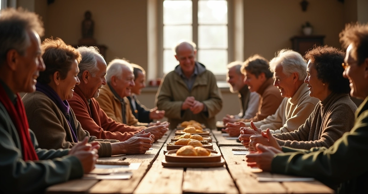 Fiéis sorrindo e partilhando pão em volta de mesa após missa 