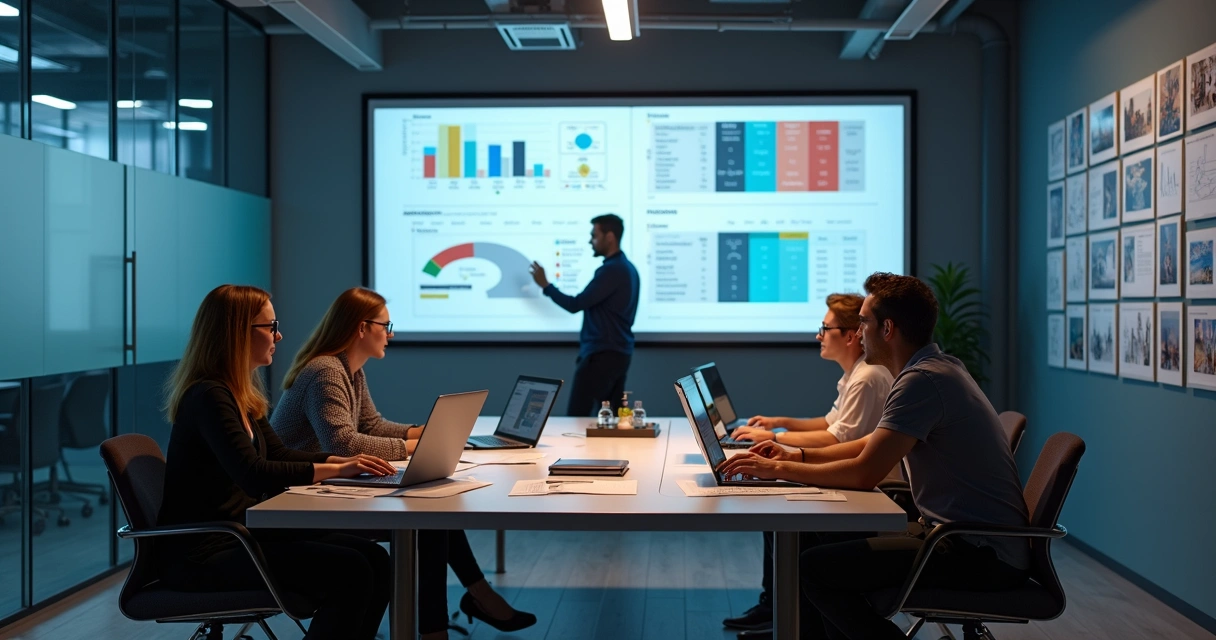 Colaboração entre equipes de vendas e branding reunidas em sala 