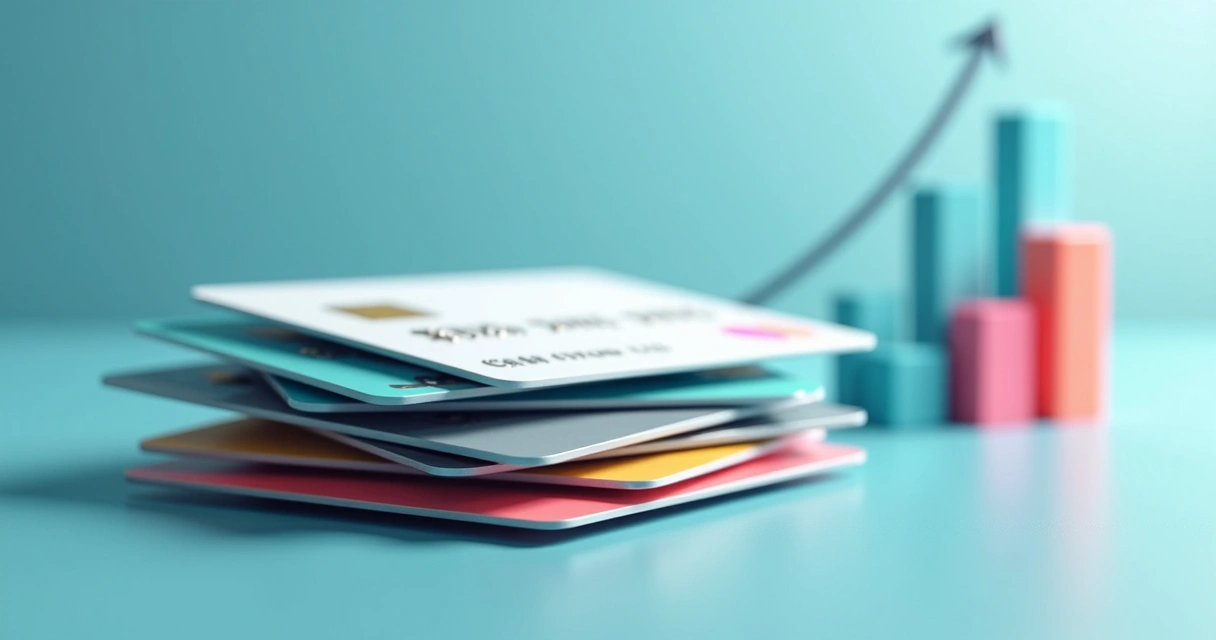 Cartões de crédito coloridos empilhados com um novo cartão centralizando todos. 