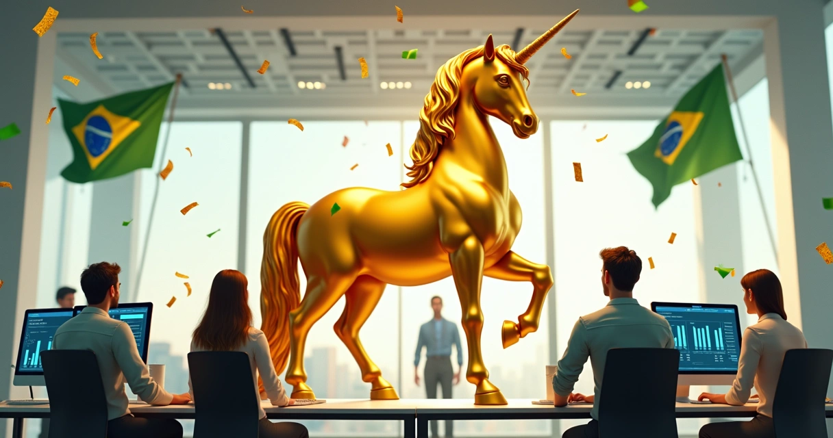 Ilustração de um unicórnio dourado e equipes celebrando em um ambiente moderno de startup 