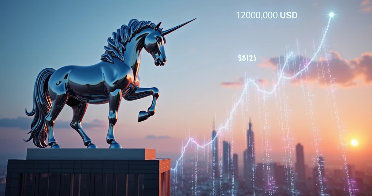 Unicórnio brilhante sobre cidade moderna com gráficos financeiros subindo 