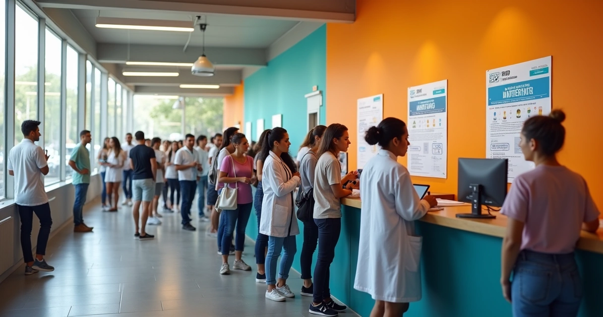 Fila de pessoas em unidade de saúde no Brasil, painel informativo sobre PrEP