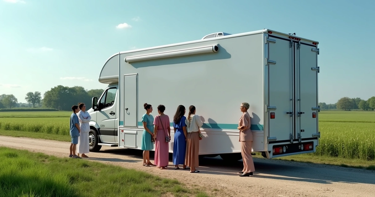 Unidade móvel de mamografia estacionada em área rural