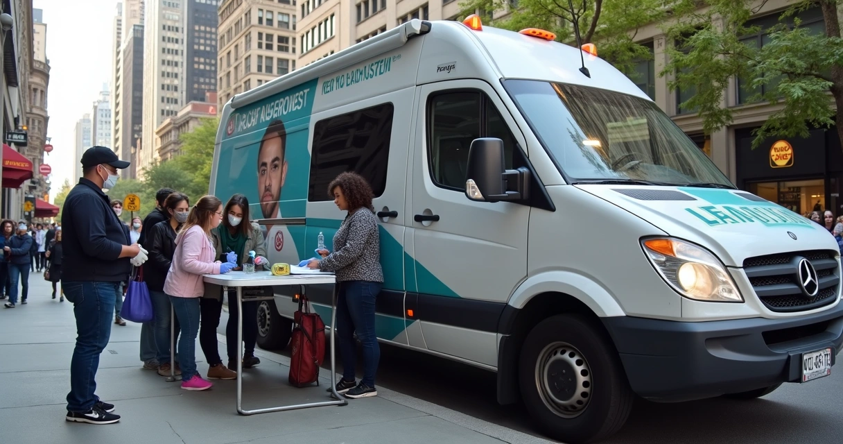 Van equipada para testagem de ISTs estacionada na rua central