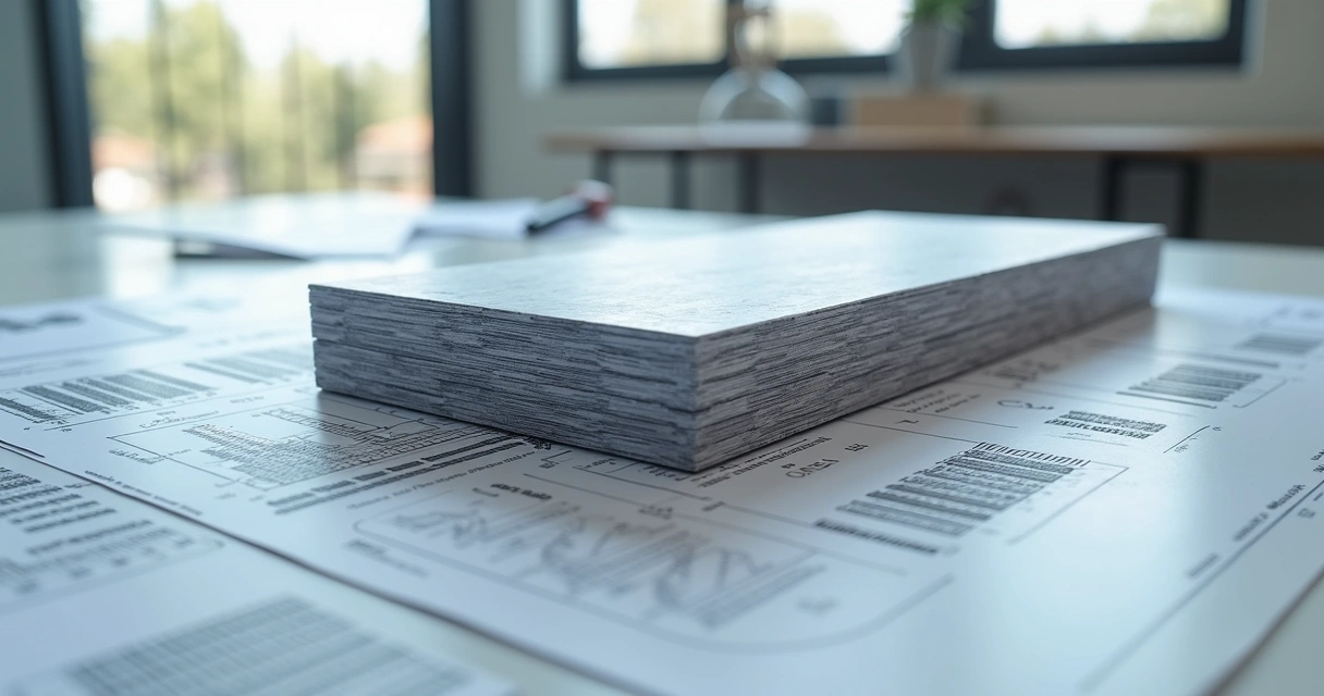Close-up of a detailed calculation sheet and structural model of a unidirectional slab on a construction desk 