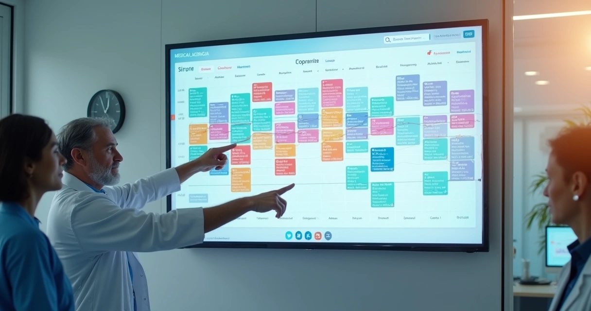 Painel digital único mostrando múltiplas agendas médicas sendo unificadas por IA 